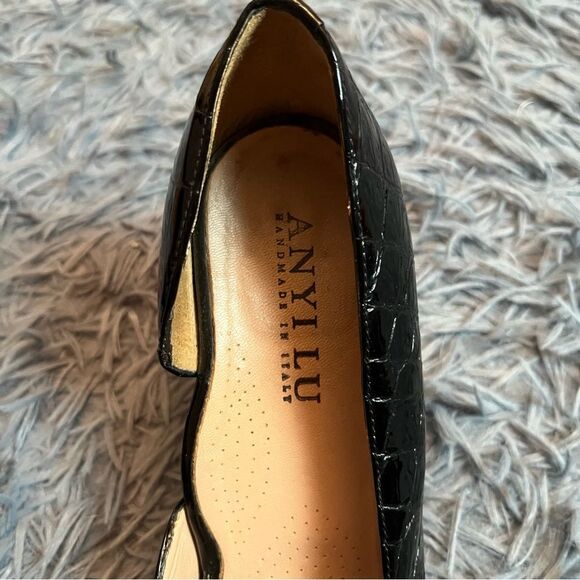 Anyi Lu Black Leather Croc Embossed D'orsay Pump Heels Size 8.5 / EU 39 - Picture 3 of 6